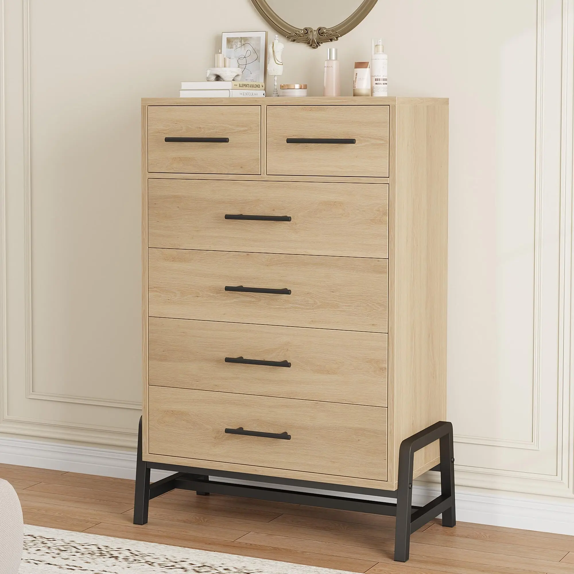Yellow 6-Drawer Tall Freestanding Wood Dresser, 46.6in Vertical Storage Chest, Indoor Furniture Organizer for Bedroom & Entryway (6 drawers), Six Drawers
