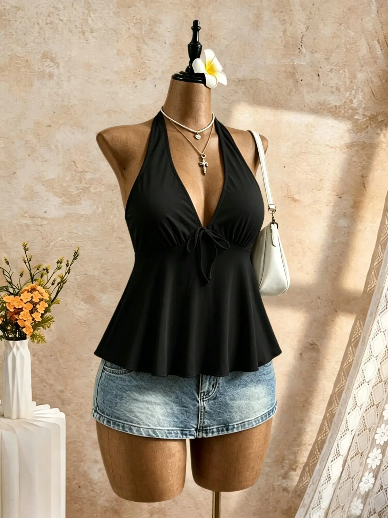 Summer Casual Solid Halter Neck Design, Breathable Summer Tank, Lightweight, Deep V Neckline, Chest Drawstring Bow Decoration, Perfect for Beach, Daily Wear, Vacation, Tops