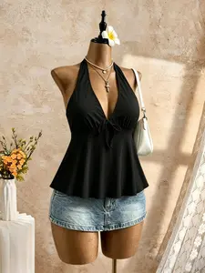 Summer Casual Solid Halter Neck Design, Deep V Neckline, Chest Drawstring Bow Decoration, Perfect for Beach, Daily Wear, Vacation