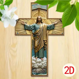 1 piece of 2D vintage Christian cross wall art - replica wood religious decoration with delicate gold details, 8x12 interior pendant for living rooms, churches, offices - pastor gifts and holiday decorations