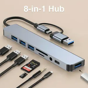 USB-C 8-Port Hub Expander with 4 USB 3.0 Ports 1 USB-C Jack TF/SD Card Reader 3.5mm Audio Output for iPhone 15 16 17 iPad Pro Laptop Galaxy Phones High-Speed Data Transfer