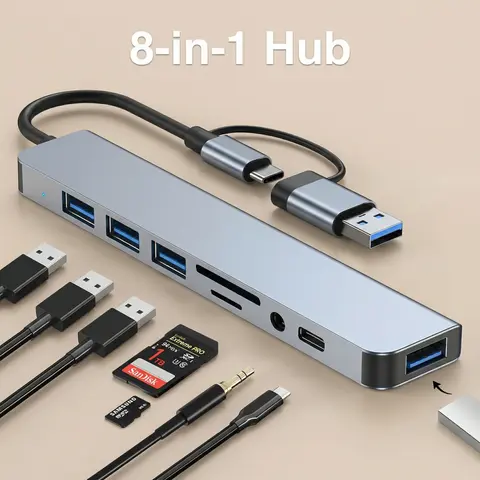 USB-C 8-Port Hub Expander - 4 USB 3.0 Ports, 1 Jack, SD/TF Slots Bring Photos to Your Hub, 3.5mm Audio Output for iPhone 15-17, iPad Pro, Laptop, Galaxy Phones - System Adapters & Cables, 3.5mm A/V Adapters & Cables