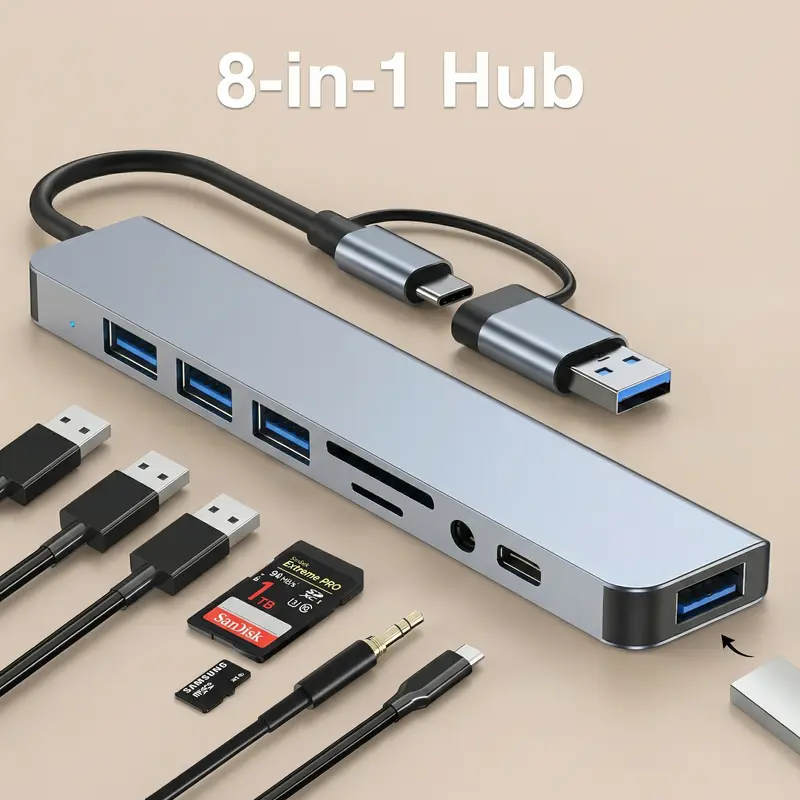 USB-C 8-Port Hub Expander - 4 USB 3.0 Ports, 1 Jack, SD/TF Slots Bring Photos to Your Hub, 3.5mm Audio Output for iPhone 15-17, iPad Pro, Laptop, Galaxy Phones - System Adapters & Cables, 3.5mm A/V Adapters & Cables