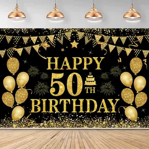 50th Birthday Decorations for Men Women - Happy 50th Birthday Banner Party Decorations Black Gold 50 Years Birthday Party Suppiles Background for Home Outdoor Birthday Decor(71 x 45 inch)