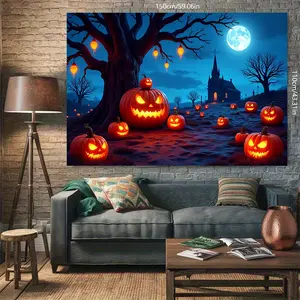 1pc Polyester Halloween Party Banner Background Cloth, Multi-size with Jack-o'-lanterns, Haunted House and Moonlit Night Design, Suitable for Yard, Wall Design and Indoor Decoration.