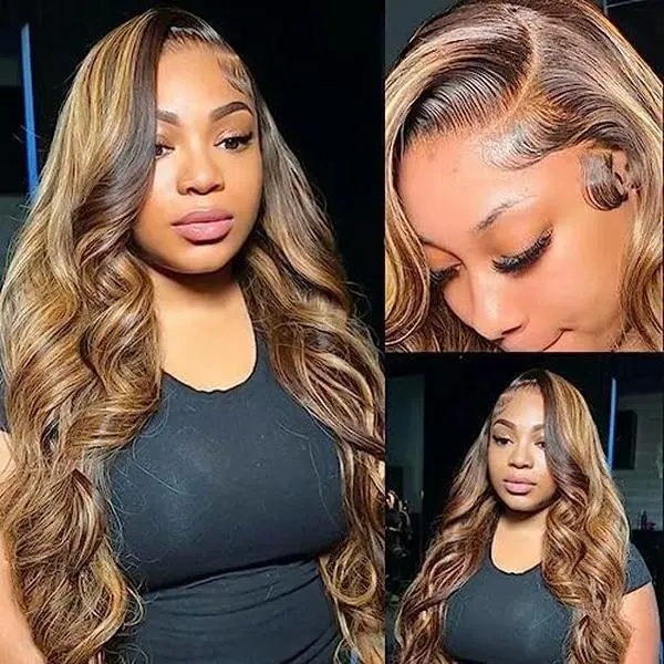 30 Inch Highlight Ombre 13x6 Lace Front Wig synthetic wigs Body Wave Honey Blonde HD Transparent Lace Frontal Wigs for Women 4/27 Color Synthetic wigs must not be heated or bleached