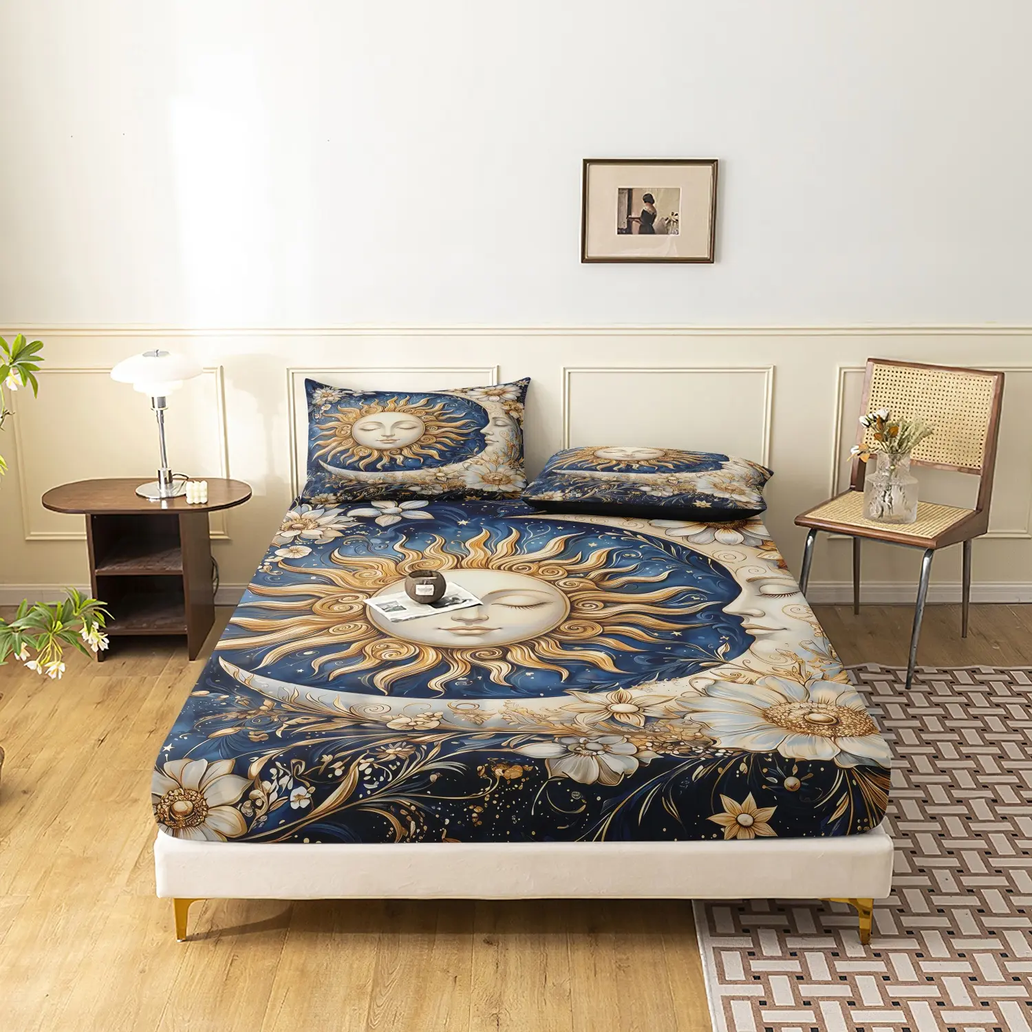 3pcs Set, Bedsheet Set, Golden Sun Moon Totem Fitted Sheet Smooth Gentle Fabric Floral Starry Pattern botanical bedding set Soft Bedding Ideal for Bedroom Family Decor and Household Arrangement (1 Fitted Sheet + 2 Pillowcases No Comforter No Pillow)