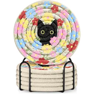 Cute Cat Flower Coasters Set (6 Pack) with Holder, Soft Absorbent Cotton Braided Drink Coasters for Coffee Table, Desk & Home Decor