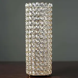 Full Crystal Beaded Pillar Candle Holder 16" Shiny Gold Metal - Sophisticated Stand for Glamorous Decor