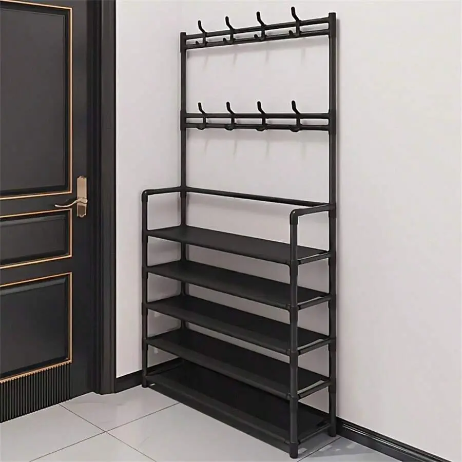 1pc Stylish Black Iron Entrance Organizer - Coat Rack, Shoe Bench And Hook Combination |   Space-Saving Storage For Clothes, Hats, Bags And Umbrellas Home Bathroom Decor Bathroom Organizer Summer