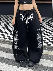 Abstract Thorn Print Baggy Loose Sweatpants - Y2K Gothic Aesthetic Oversized Wide Leg Pants, Drawstring Waist Edgy Streetwear Casual Womenswear Joggers Bottom