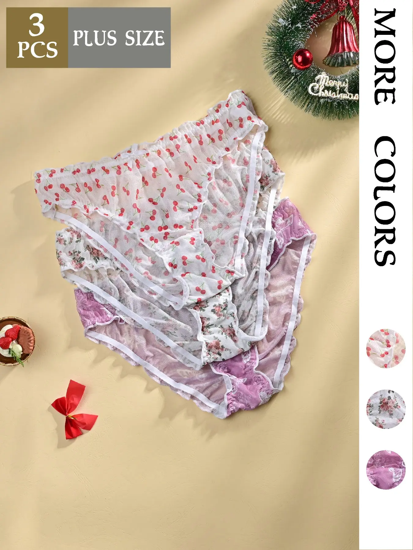 Women's Sexy Aesthetic Underwear Set, Cherry/bloom Butterfly Floral Print Design, Breathable Lightweight Fabric, Natural Waist Fitted Style