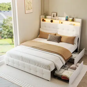Upholstered Bed Frame with Double-Layer Headboard, 2 Storage Drawers, LED Light, USB Charging Port, Comfortable Soft, Noise-Free Platform