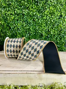 4 Inch By 10 Yard Cream Gold Grey And Black Antique Harlequin Fused Ribbon