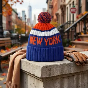 Winter Knit Beanie Hat with Pom Pom - Warm Cuffed Cap for Men and Women Perfect for City Sports Fans Outdoor Activities Cold Weather Fashion Accessory Gift Idea Cozy Comfortable Design