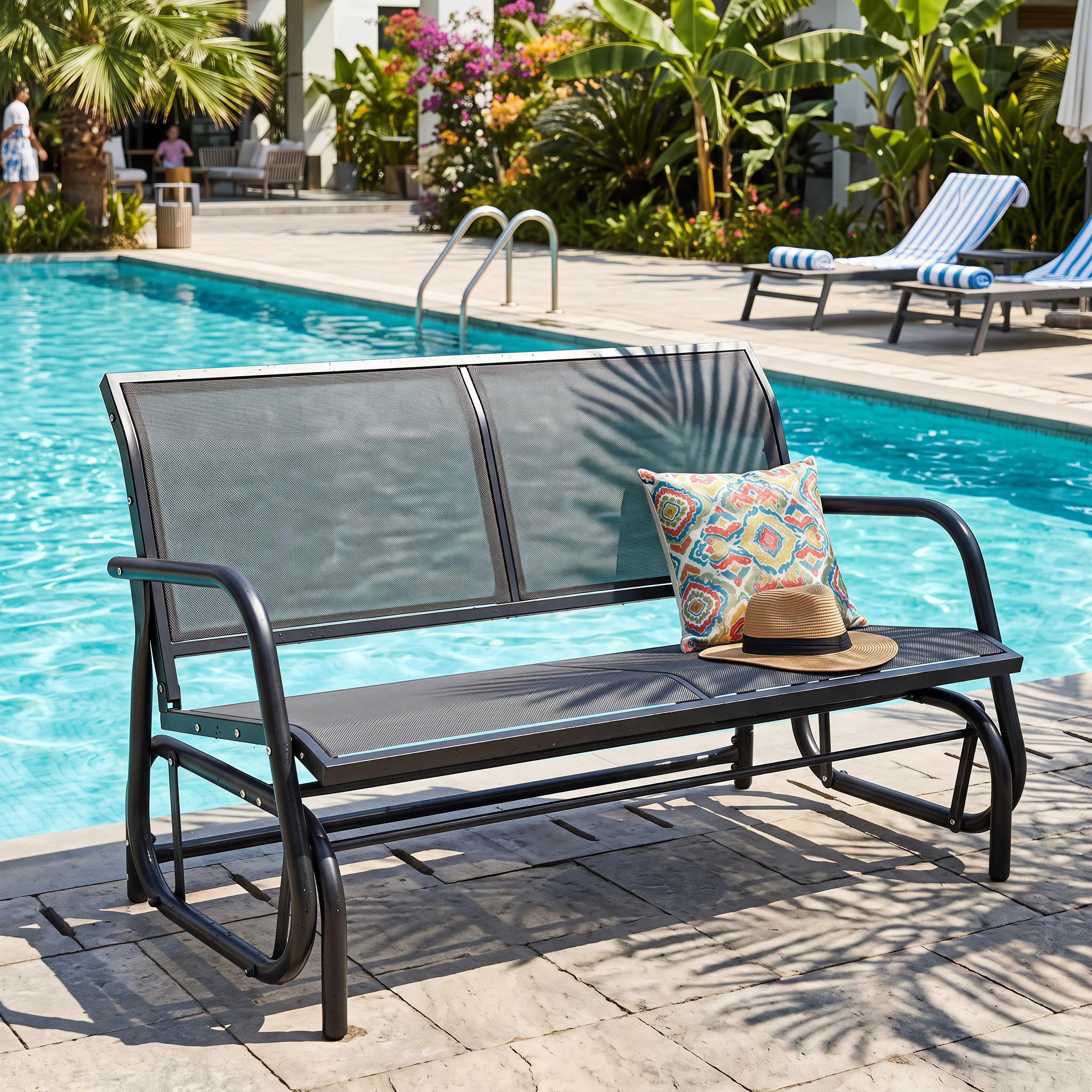 Outdoor Double Glider Rocking Bench, Breathable Textilene Fabric 2-Seat Patio Glider Chair Supports 440lbs for Lawn Poolside homeessentials,  furniture