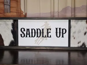 'Saddle Up' Barrel Racing Cowgirl Genuine Cowhide Wall Decor Hanging Wood Sign