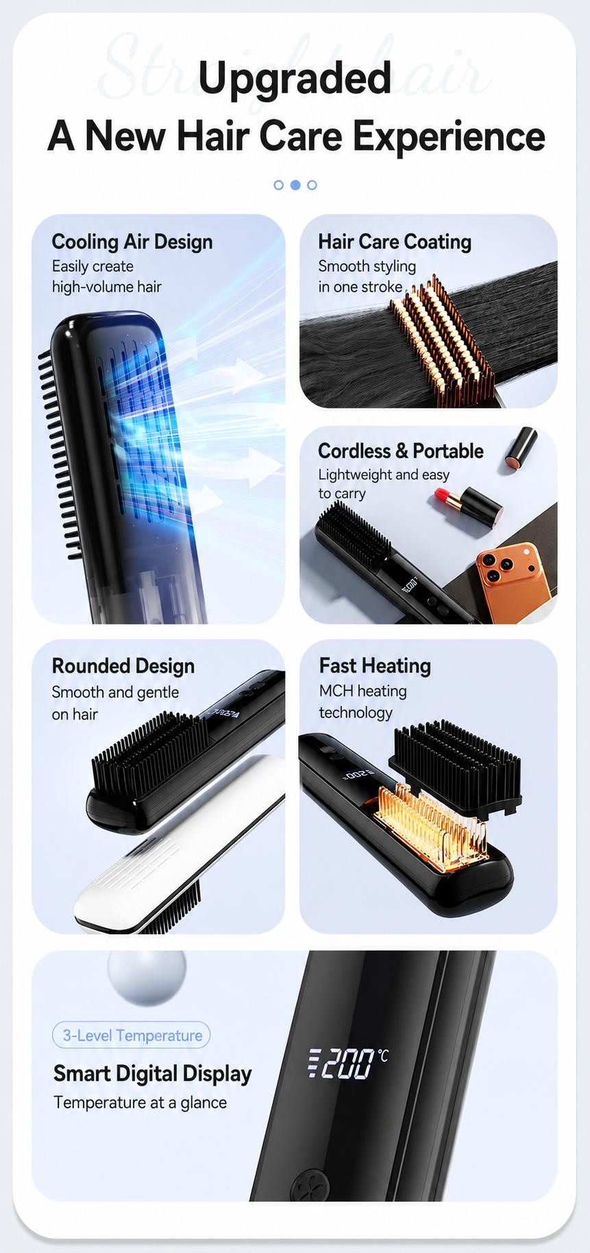 Lightweight Hair Straightener Brush with MCH Rapid Heating, 3 Temp Levels & Cool Air Styling, Fast Charging Travel Ready Hair Tools with Digital Display, Adjustable, Cordless, Anti-Frizz, Dual Voltage, Smooth, Straightening Curly Hair