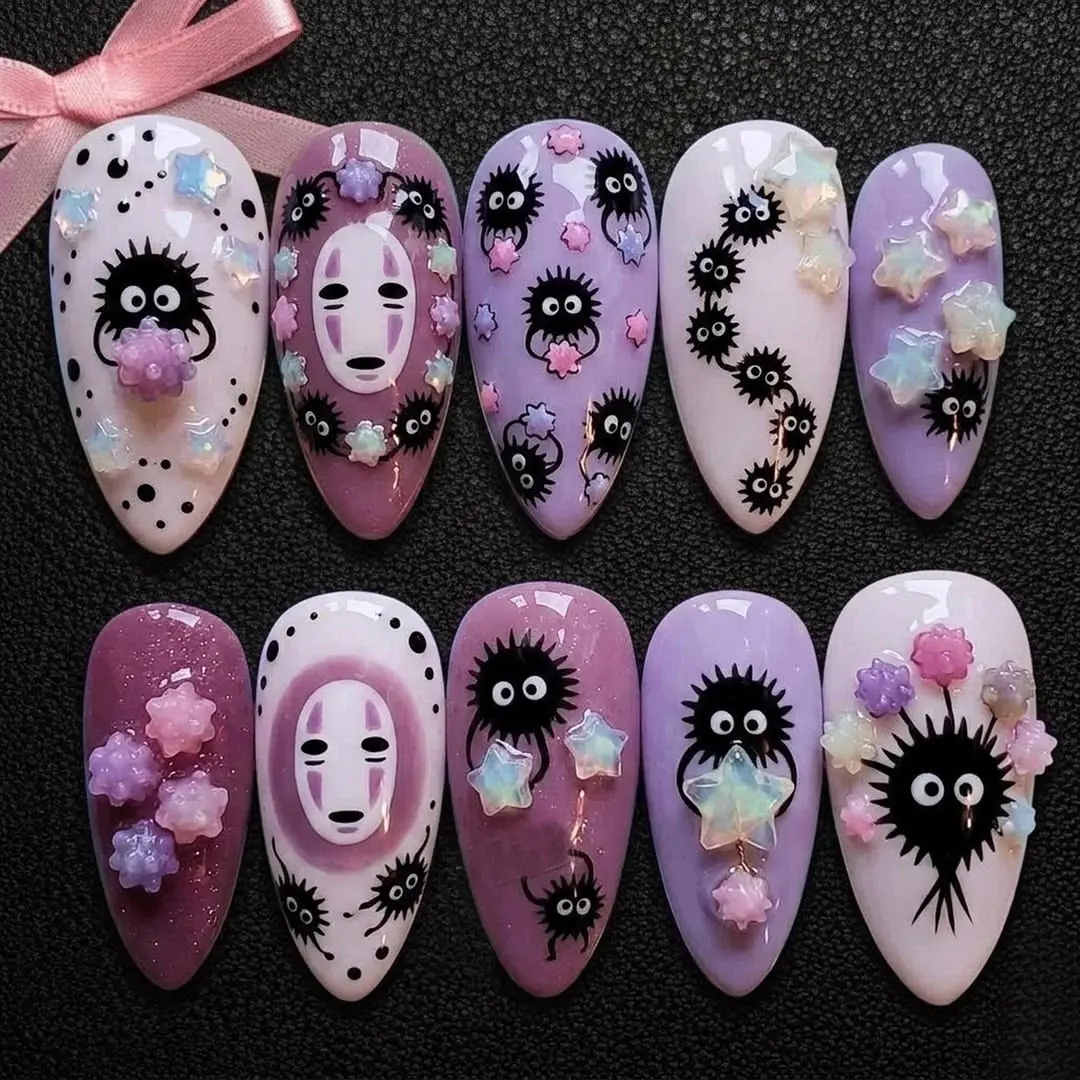 Handmade Ghibli Inspired Press On Nails | No Face, Soot Sprite & Pastel Star 3D Art | Cute Nails