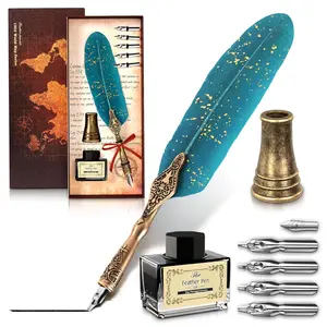 Feather Quill Pen and Ink Set – Stainless Steel Dip Pen Writing Quill and Ink Set with 5 Replacement Nibs, Non-Slip Knurled Grip, Display Stand and Elegant Gift Box – Calligraphy Gift Set (Turquoise)