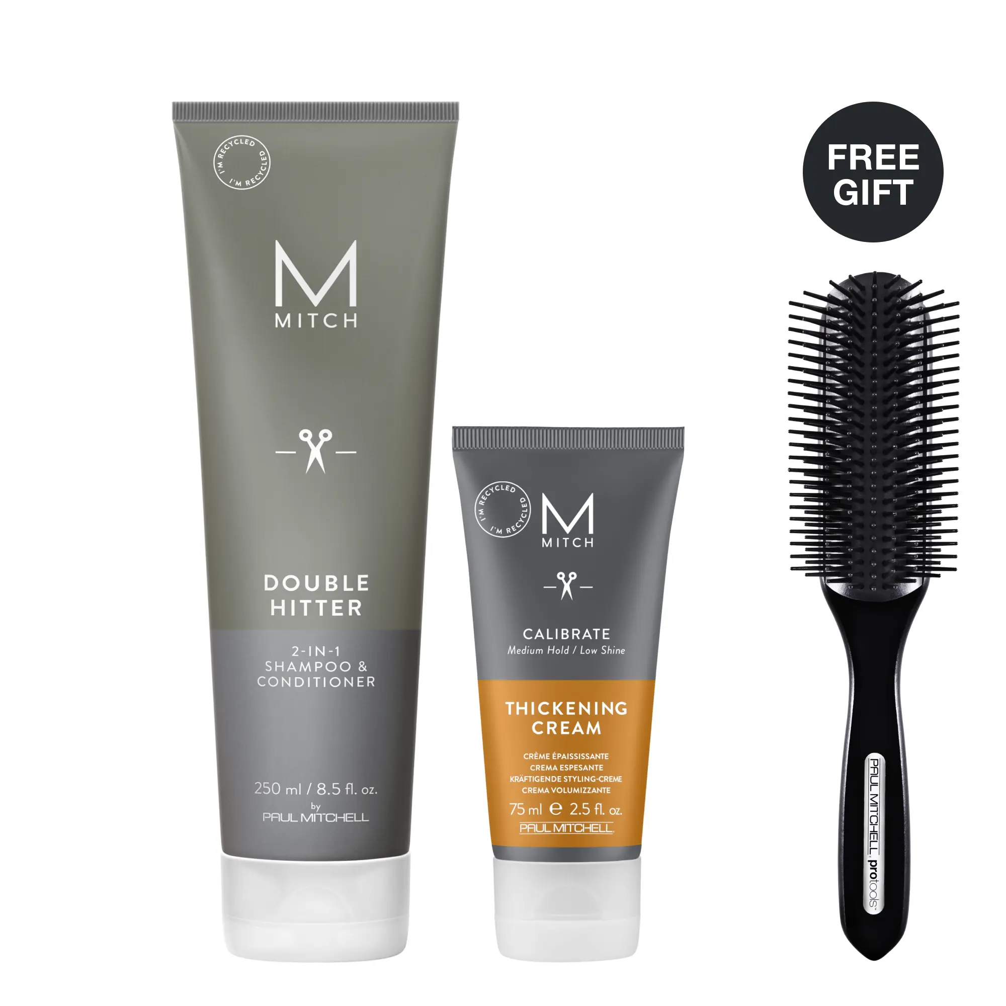MITCH by Paul Mitchell Thickening Starter Set for Men – Double Hitter 2-in-1 Shampoo & Conditioner and Calibrate Thickening Cream with FREE 407 Styling Brush*