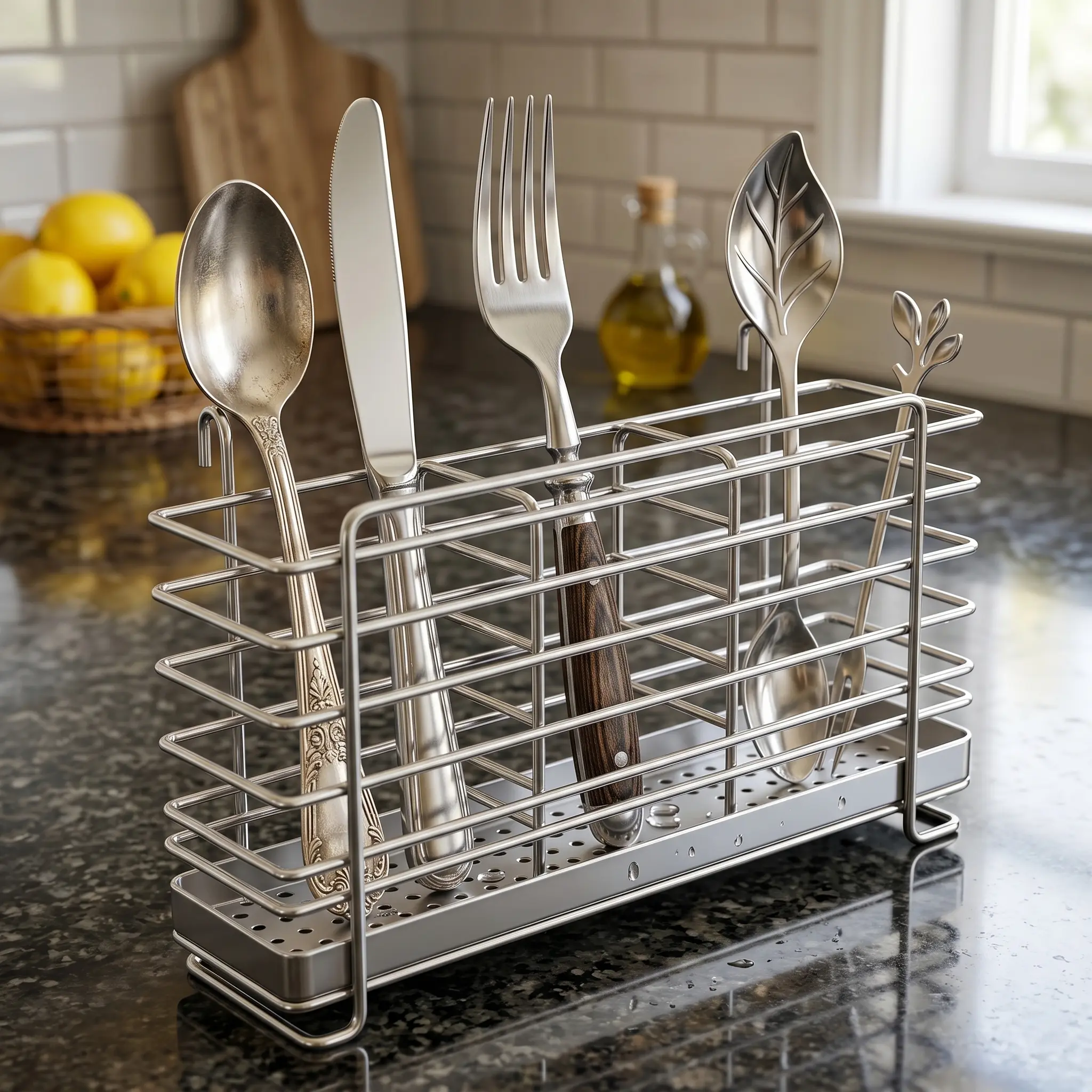 Stainless Steel Utensil Drying Rack with Hooks 3 Compartment Silverware Drain Basket Organizer