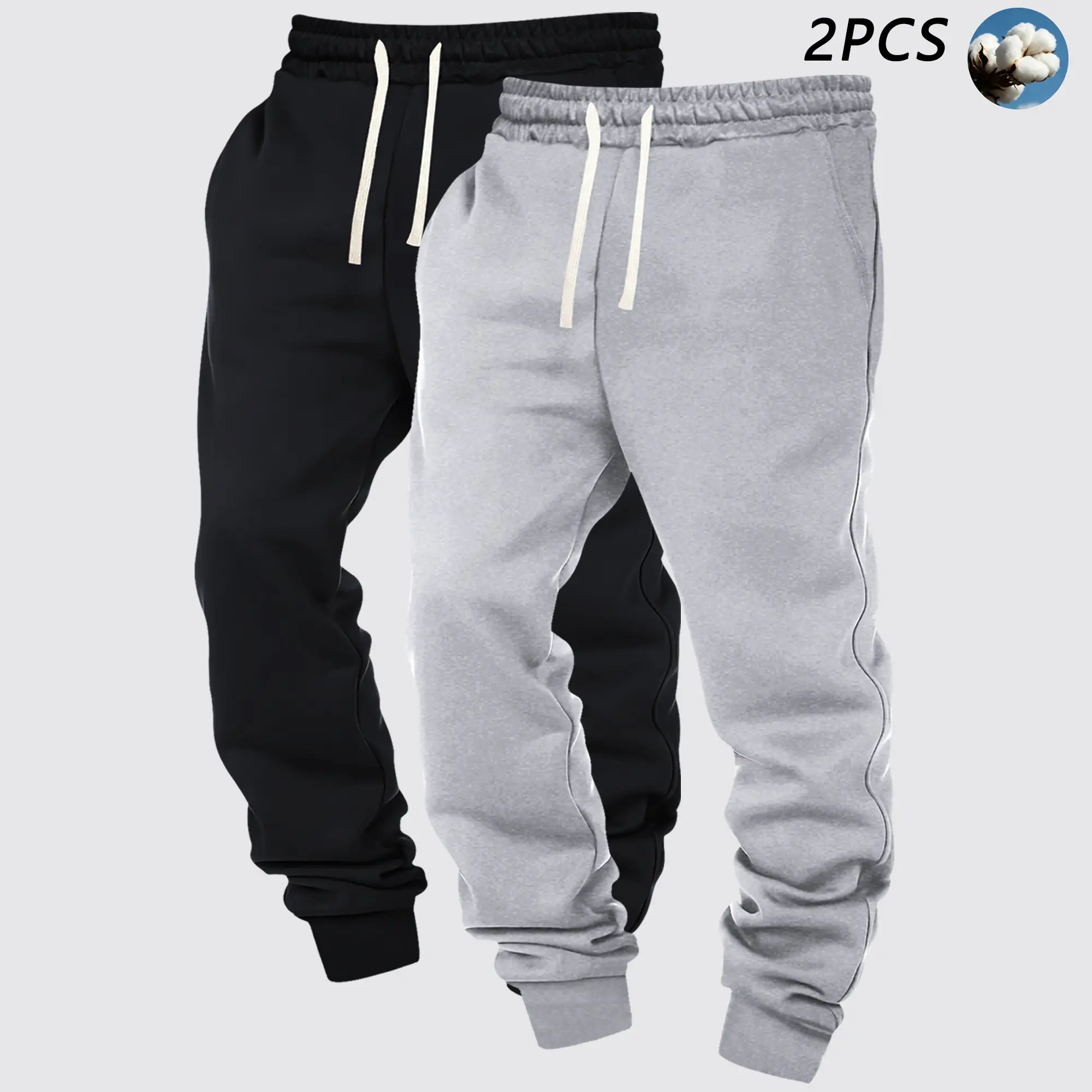 Men's 2-Pack Cuffed Pants, Athletic Style, Solid Color Smooth Fabric, Elastic Waistband with Drawstring, All Seasons Travel Vacation Casual Menswear Bottoms, Cuffed Legs