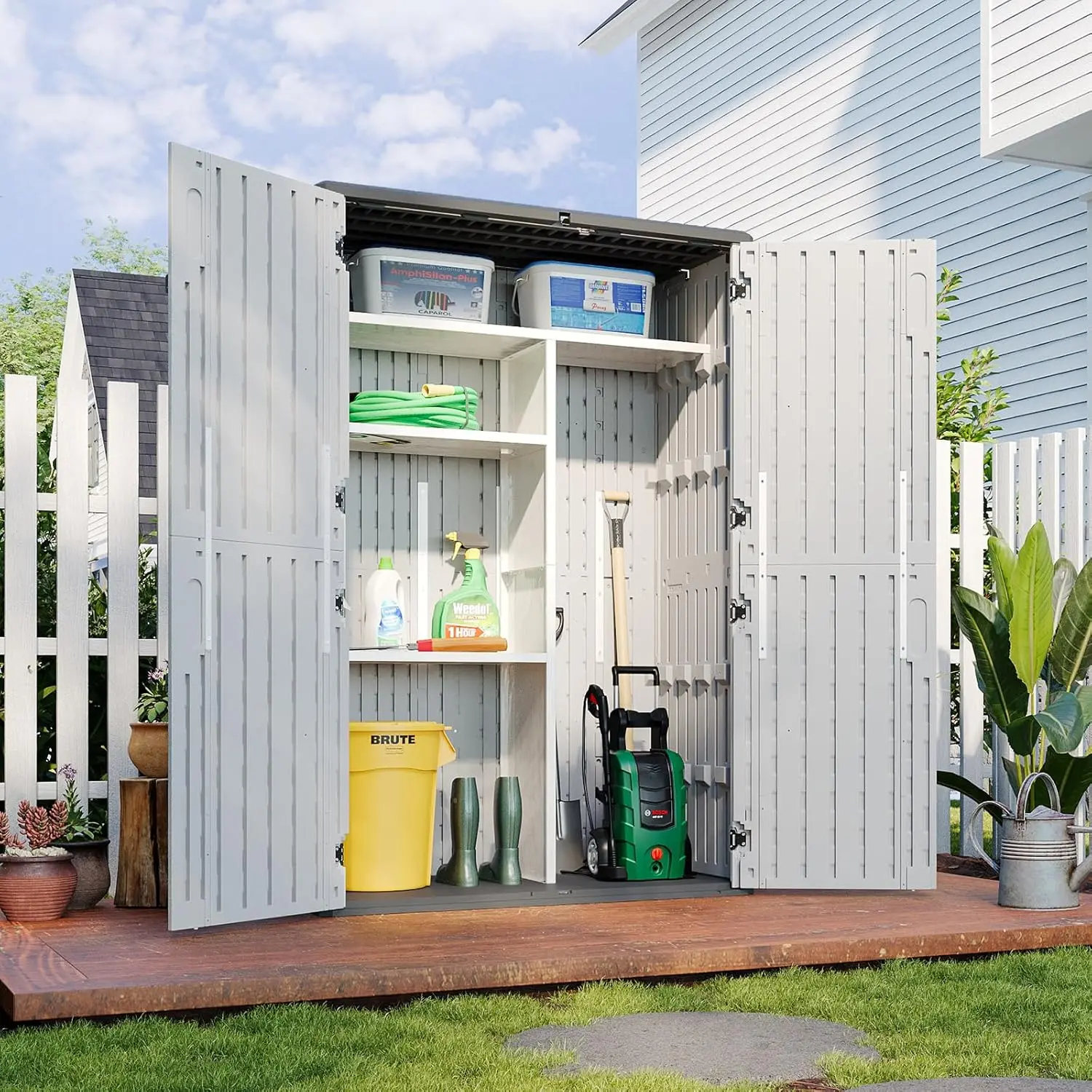 Aoxun White Resin Outdoor Storage Shed with 2 Shelves & Floor, 64 Cu.Ft Vertical Waterproof Cabinet for Garage, Pool, Bike, Garden Tools, Patio Furniture