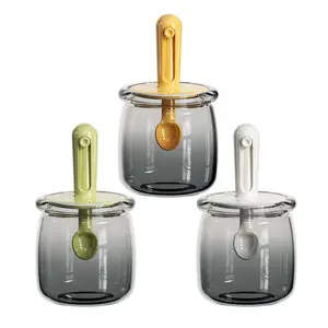 Spice Jar with Retractable Spoon and Lid Integrated Design Spice Box Kitchen MSG Salt Spice Glass Jar Spice Bottle