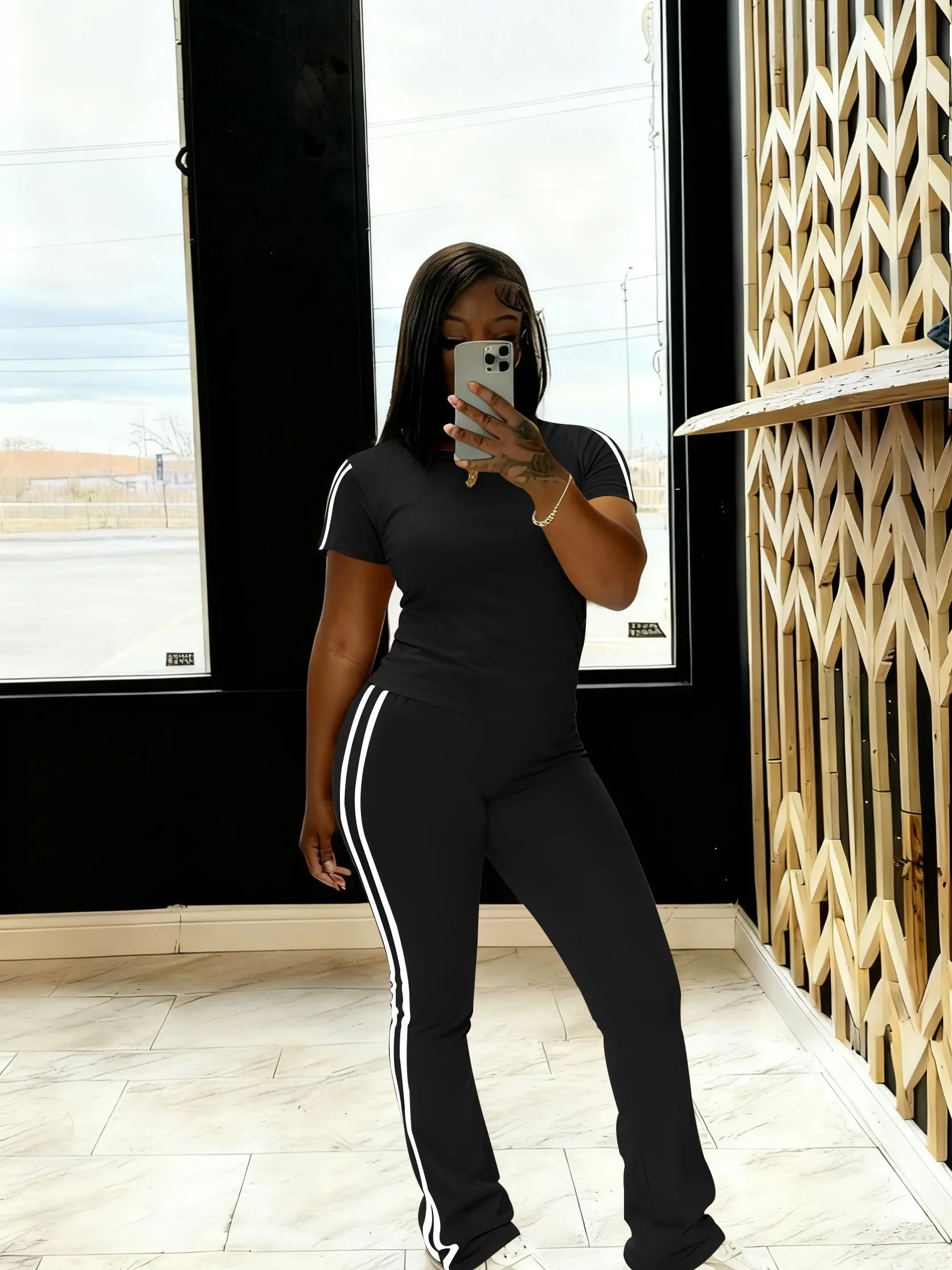 USBOUTIQUECHIC Women's 2026 Spring Polyester 2-Piece Womenswear Set - Elastic Short-Sleeve Top, Comfortable Pants, Fitted Flexible Silhouette, Casual Outfit