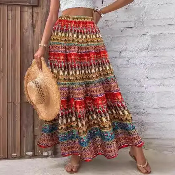 Plus-size printed long skirt with a large hem, summer bohemian style