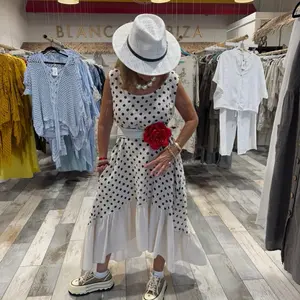 One Size Polka Dot Linen Dress with Pockets – Flowy Mediterranean Style Dress with Ruffle Hem – Fits XS to L/XL – Lightweight Summer Linen Dress