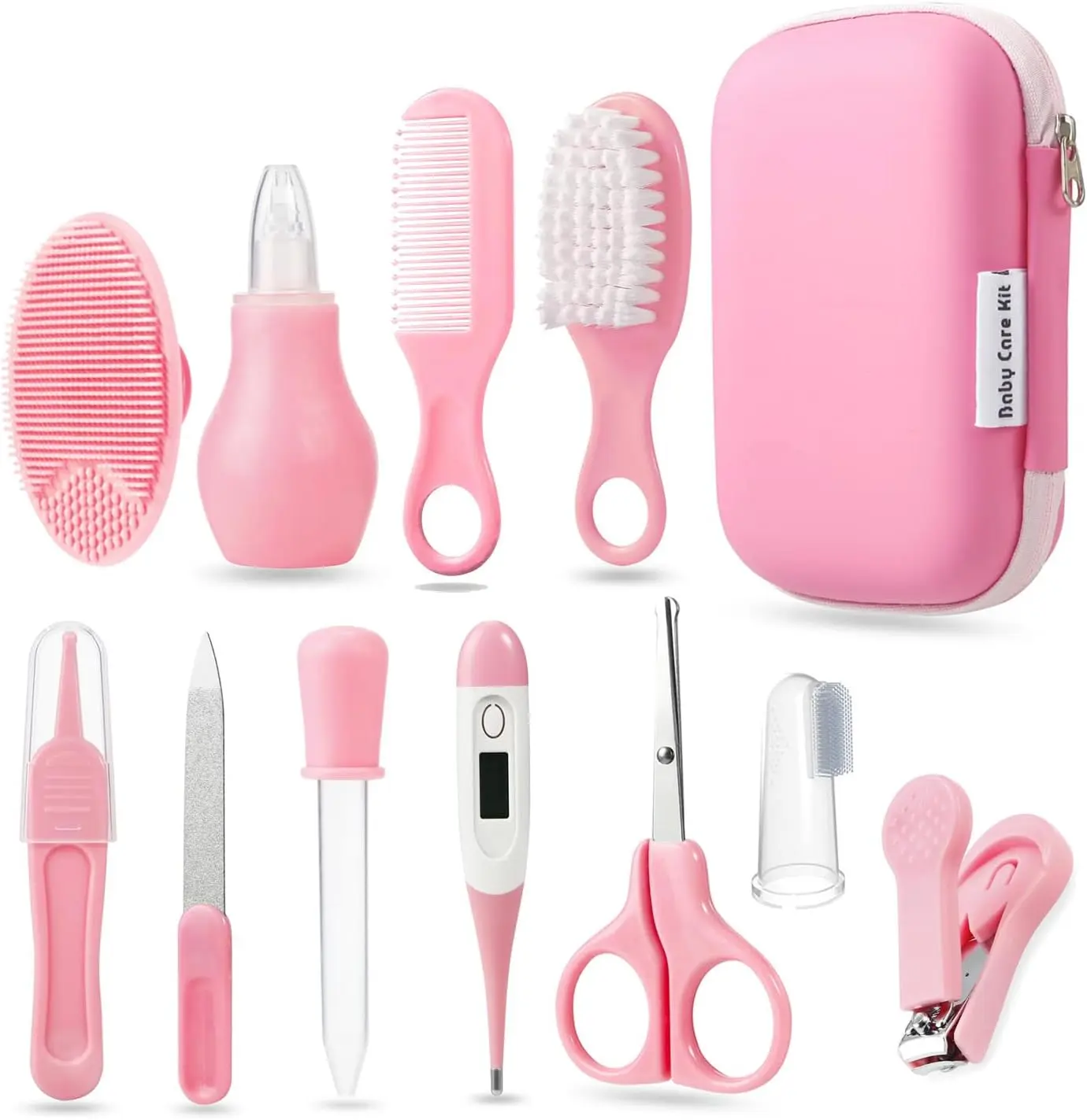 12-in-1 Baby Healthcare & Grooming Kit, Plastic Baby Grooming Tools Set with Comb, Brush, Finger Toothbrush, Nail Clippers, Scissors, Nasal Aspirator (Pink)