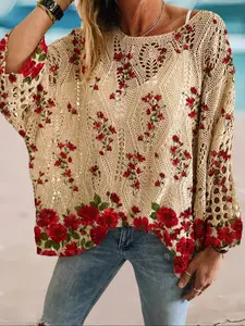 Women's Colorblock Floral Print Long Sleeve Knit Top, Casual Elegant Vacation Style Sweater Knitwear, Loose Batwing Shoulders, Spring Summer Fall, Womenswear