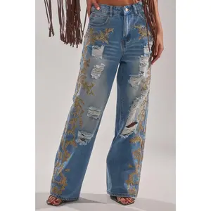 CLEO GOLDEN DISTRESSED STRAIGHT DENIM PANT
