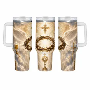 40oz Insulated Stainless Steel Water Bottle Tumbler with Handle & Straw, Christian Faith Crown of Thorns Cross Angel Wings Heavenly Sky Print, Double-Wall Leakproof Cold-Retention Travel Cup for Religious Gifts & Daily Hydration, Water Bottles