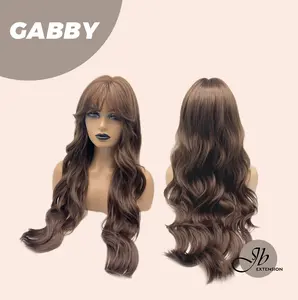 JBEXTENSION 27 Inches Long Curly Mocha Brown Wig With Bangs GABBY