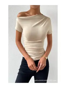 Spring and Summer New Slim Fit Pleating Irregular Short Sleeve T-shirt