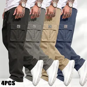 Men’s Baggy Multi-Pocket Cargo Trousers (4PCS, Black+Gray+Khaki+Dark Blue) - Preppy Menswear, Loose Fit, Suitable for Casual Wear, Hiking, Outdoor Sports, Spring/Autumn