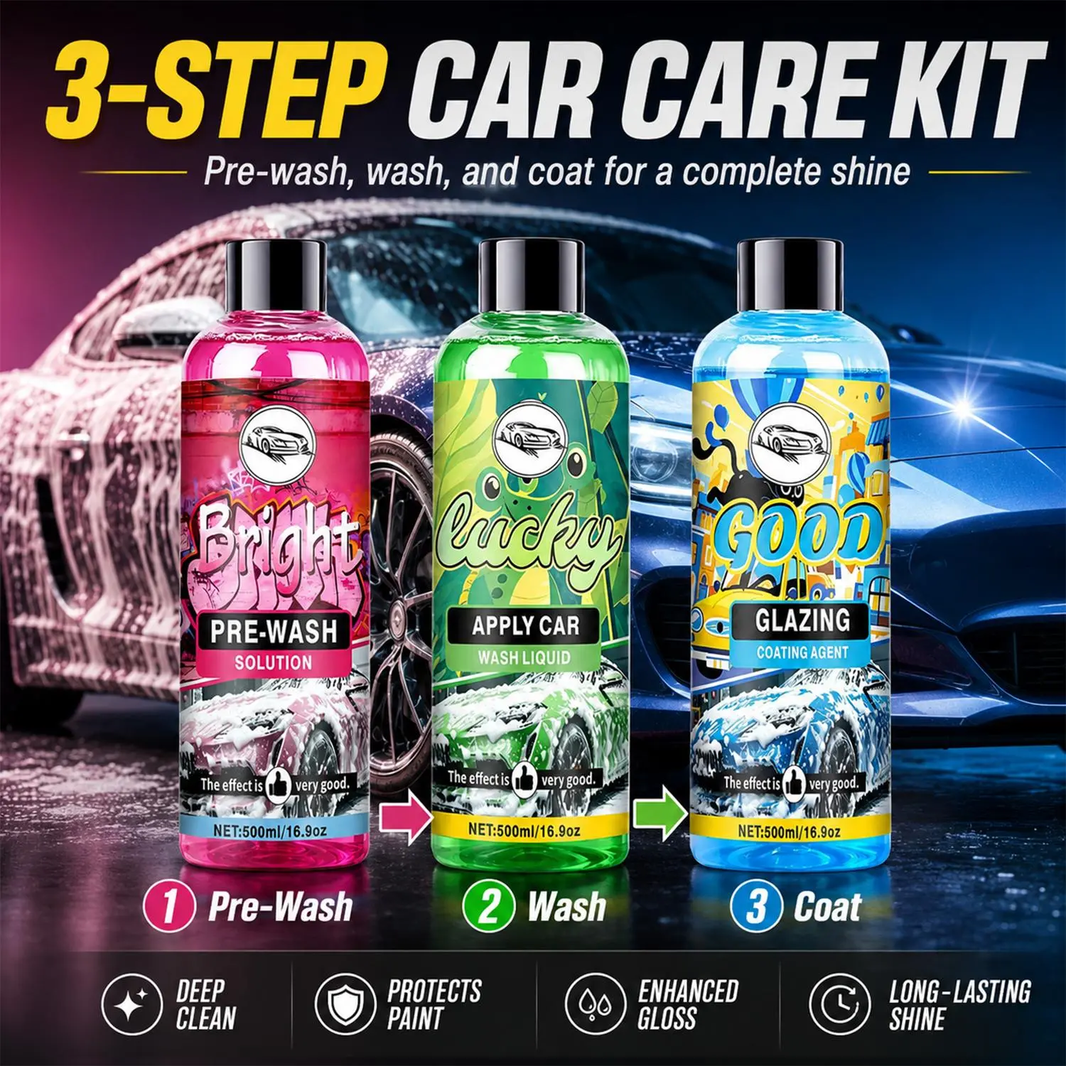 3-Step Car Care Liquid Set | Pre Wash + Wash + Coating for Showroom Glossy Finish