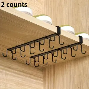 Kitchen Under Cabinet Cup Holder, 2 Counts Space Saving Hanging Traceless Iron Cup Hook, U Shaped Hook, Hanging Rack for Kitchen Bathroom Bedroom Dormitory Dining Room, Bathroom Storage, Organizer, Storage Hooks