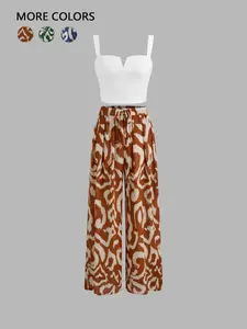 Women's Solid Color Crop Tank Top & Wide Leg Pants Two-Piece Set, Casual Fashion Cozy Top & Trousers for Daily Outdoor Wear, Ladies Clothes for All Seasons