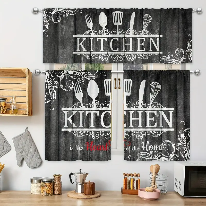 Rustic Vintage 2D Flat Black and White Polyester Farmhouse Rod Pocket Kitchen Valance Set, Knife-Spoon Utensil Cutouts, Filtering Fabric for Modern Dairy-Themed Window Decor, Country Gift Curtains (Other Patterns Available)