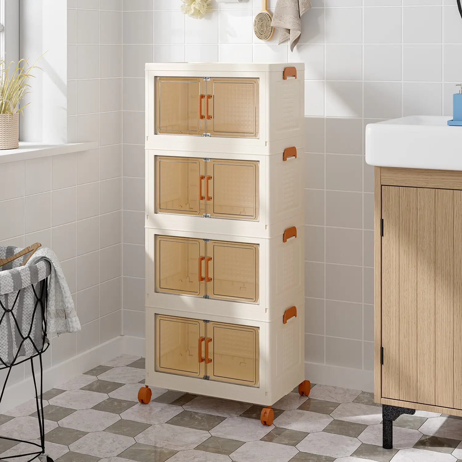 【Clearance】Raybee Small Storage Bins with Wheels, Mini Stackable Plastic Folding Storage Boxes Cute Collapsible Closet Organizer for Bedroom Pantry Co