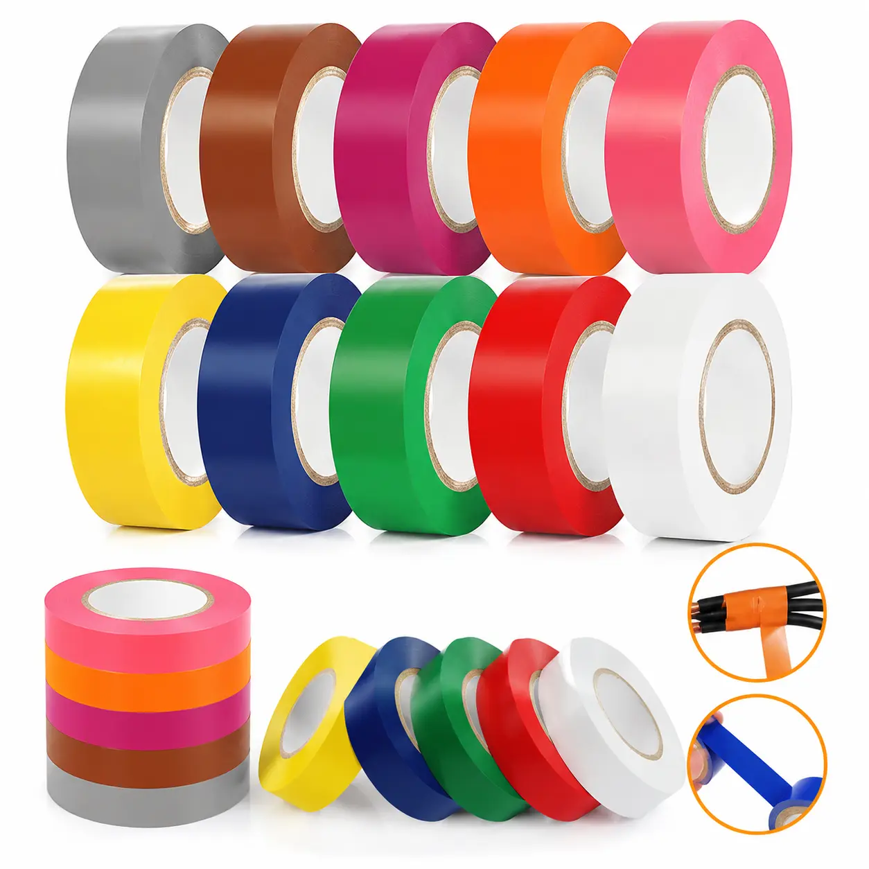 Electrical Tape Matte Rainbow 10 Pack 3/4-Inch by 60 Feet, Waterproof,Strong Adhesive, Durable, Easy-Wrap