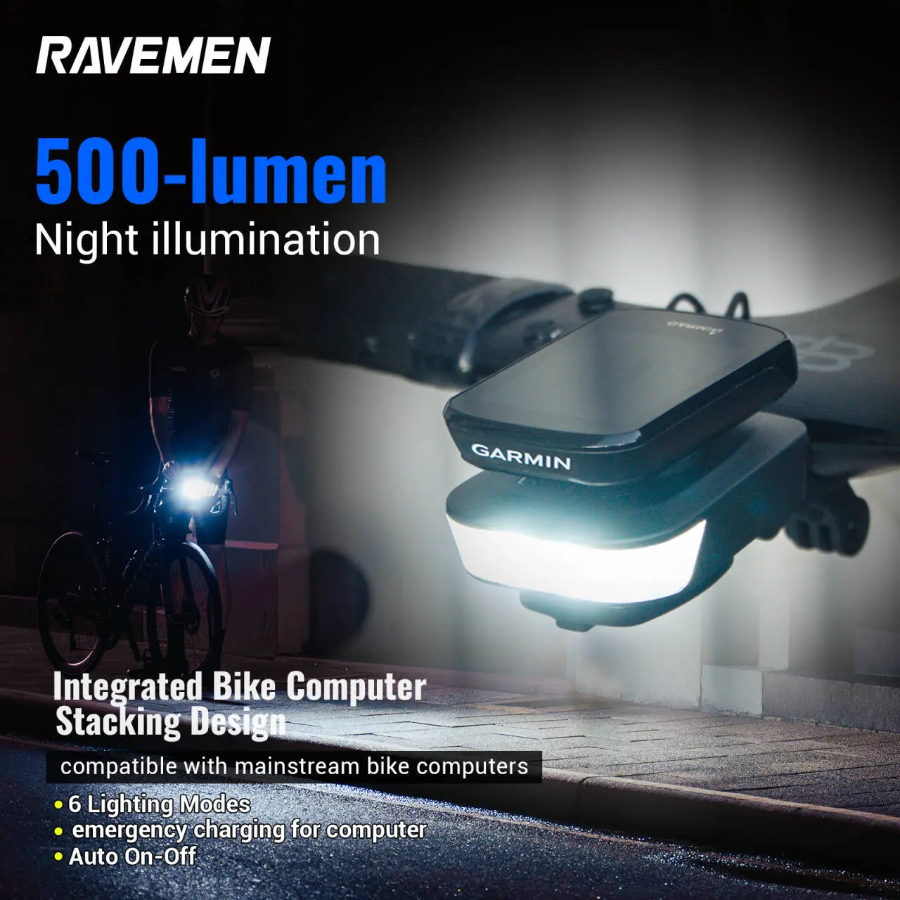 RAVEMEN FR500 Bike Light | Integrated Stealth Stack(Fits Garmin/Wahoo) | 500LM Night Illumination | Emergency Power Bank | 6 Modes | Intelligent Interaction