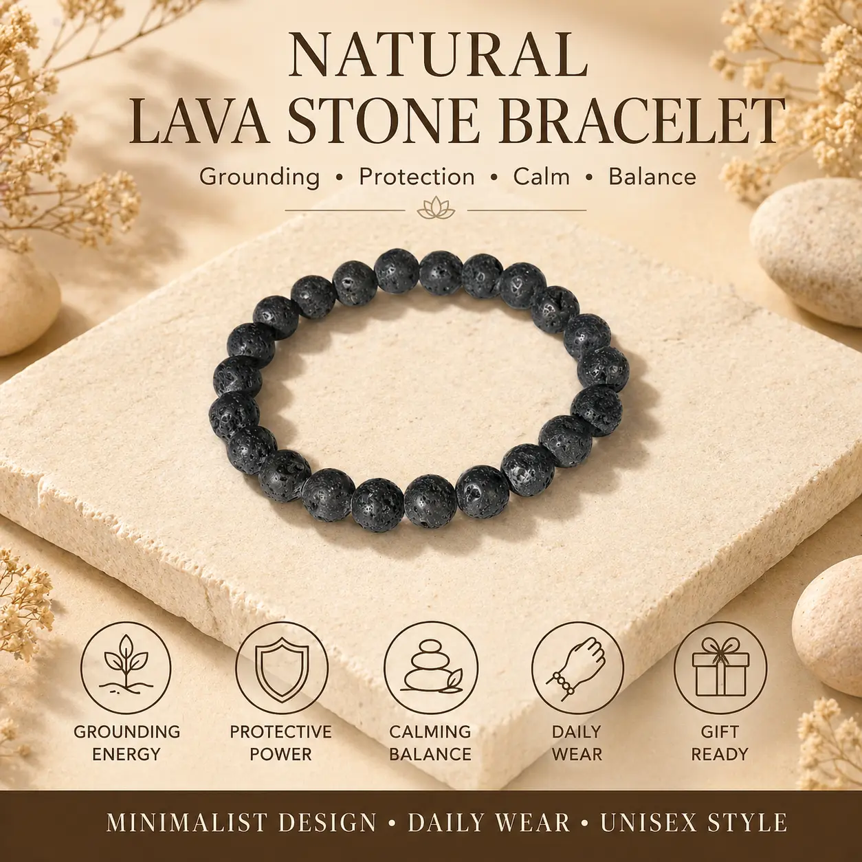 Natural Lava Stone Bracelet, Black Beaded Grounding Bracelet for Calm, Protection, Strength, Emotional Balance, Negative Energy Absorbing, Unisex Gift, TikTok Made Me Buy It, SummerWins DealsForYouDays Calming Stress Management Daily Wear money bracelet