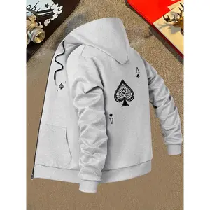 Bmuvlss Men'S Hooded Jacket - Slim Fit Zip-Up Coat with Poker Ace of Spades Graphic, Full-Zip Closure, Front Pockets - Lightweight Outerwear for Fall/Winter - Casual Streetwear & Formal Events - Easy-Care Modern Jacket, Winter Clothing, Sleek Fabric Desig