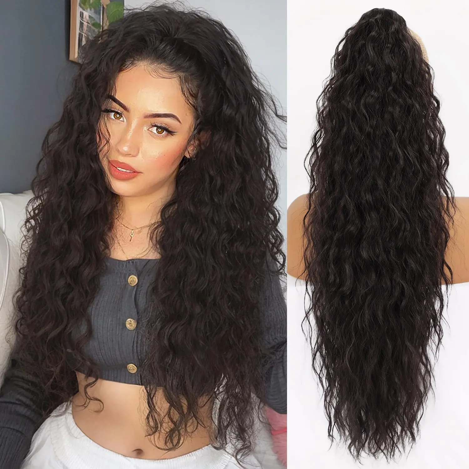 [ AISI HAIR ] Ponytail Extension Claw 30" Curly Pony Tail Clip in Claw Hair Extensions Fluffy Natural Looking Synthetic Hairpiece for Women Blonde Highlight