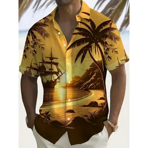 Men's Hawaiian Sunset Sailboat 3D Digital Print Shirt - Vibrant Tropical Design, 100% Polyester, Regular Fit, Lapel Collar, Short Sleeve, Lightweight & Breathable for Summer, Button Closure Pocket Detail, Machine Washable, Perfect Cas